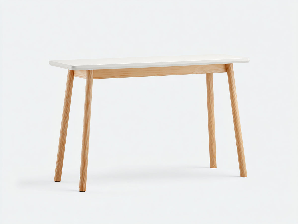 Console 130×42×80 cm - plateau blanc mat et pieds bois naturel - meuble d'appoint contemporain pour chambre à coucher