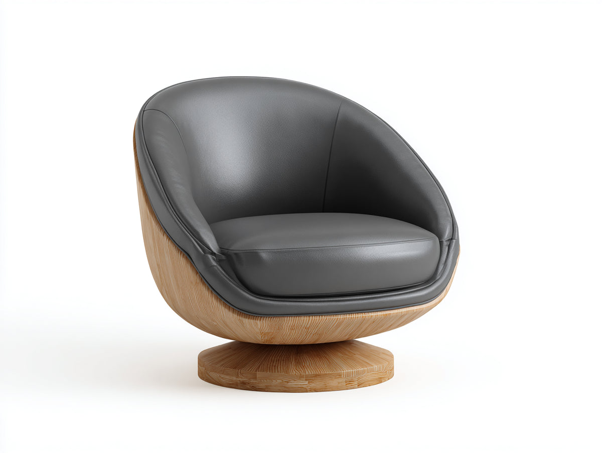 Fauteuil 92×88×80 cm - cuir synthétique gris anthracite - dossier arrondi avec base bois pour salon contemporain