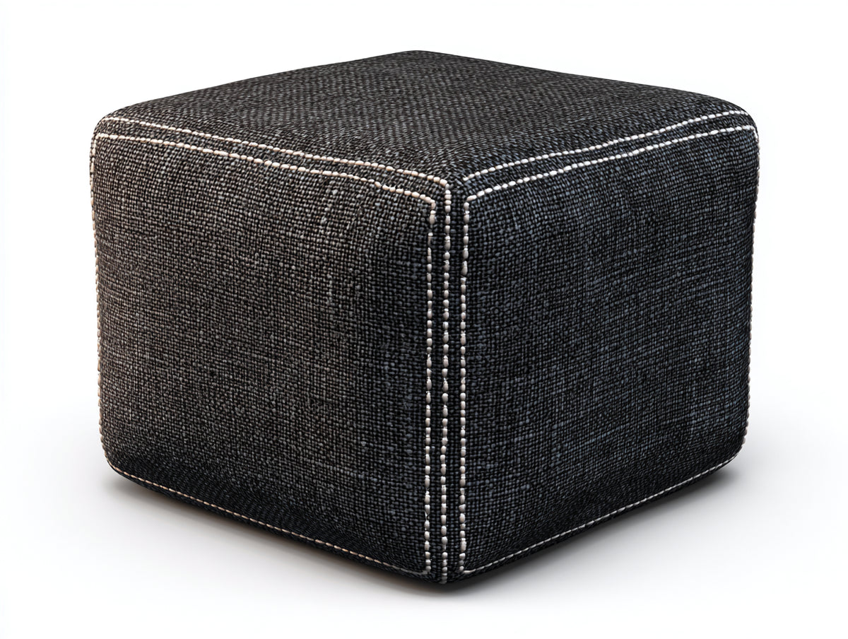 Tabouret carré 48×48×44 cm - tissu tissé noir et surpiqûres ivoire - siège compact pour chambre à coucher