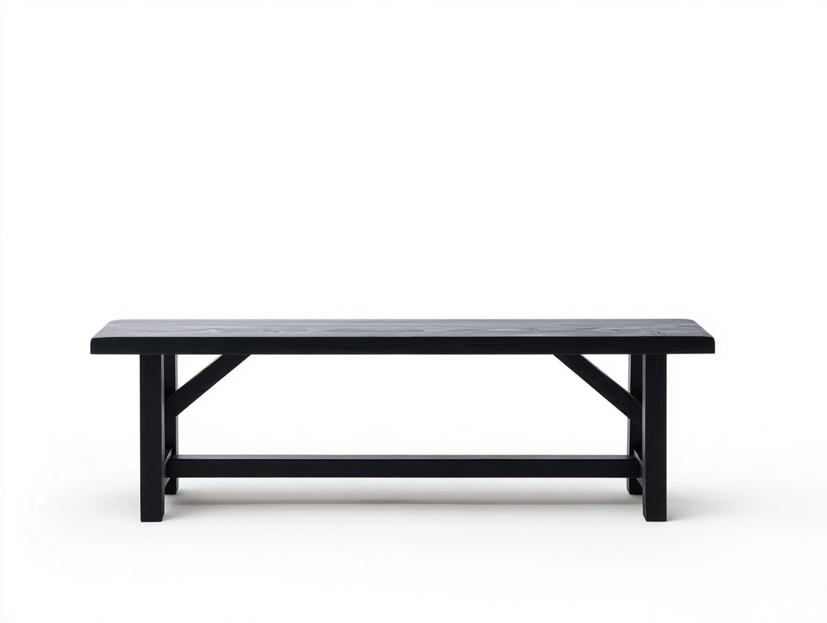 Banc 160×38×45 cm - bois noir avec renforts diagonaux - assise longue pour salle à manger