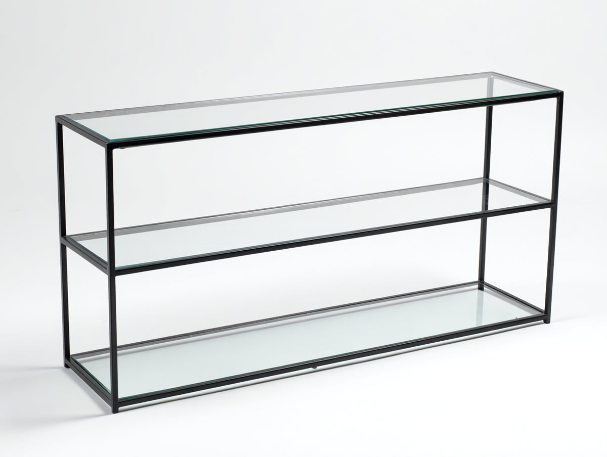 Console 120×35×78 cm - métal noir et verre transparent - 3 niveaux pour chambre à coucher