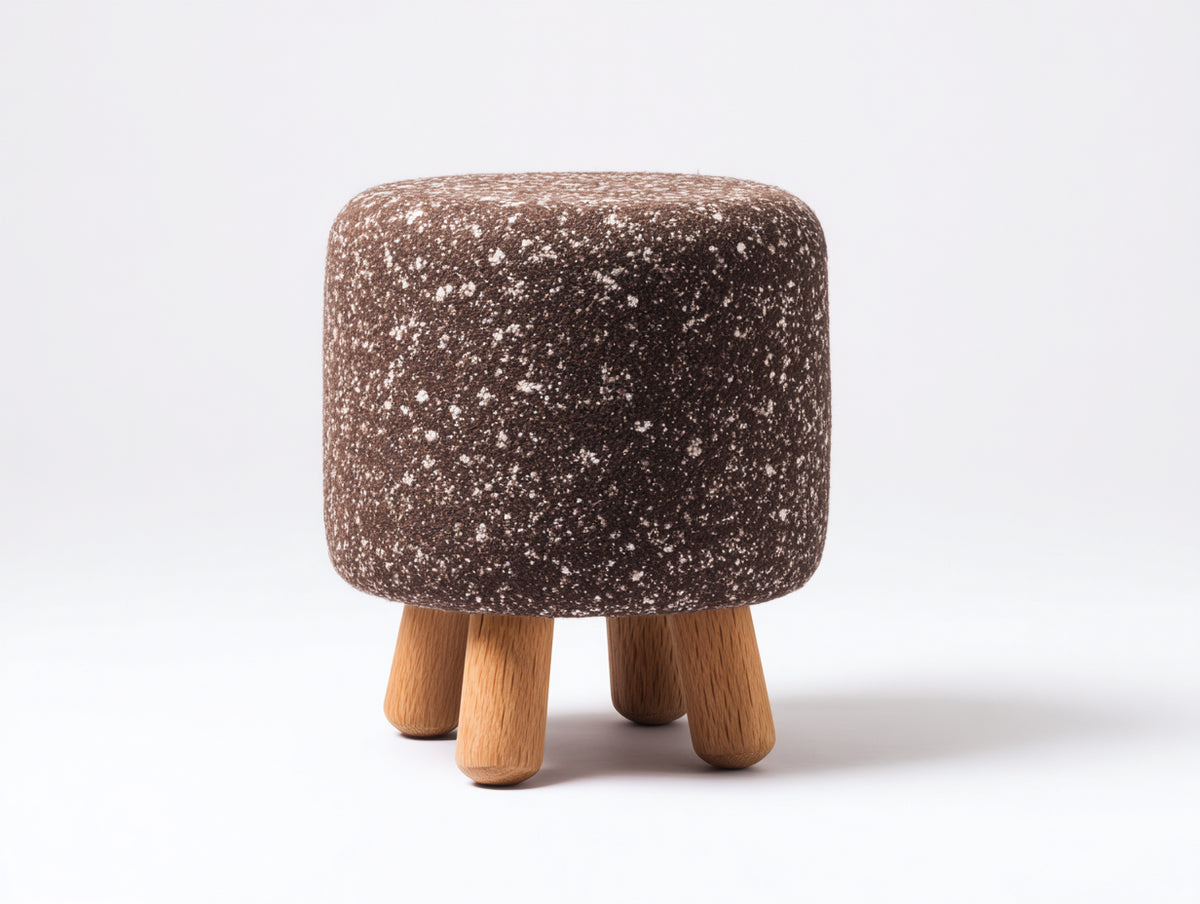 Tabouret rembourré 42×42×48 cm - tissu brun moucheté et bois clair - assise ronde pour chambre à coucher