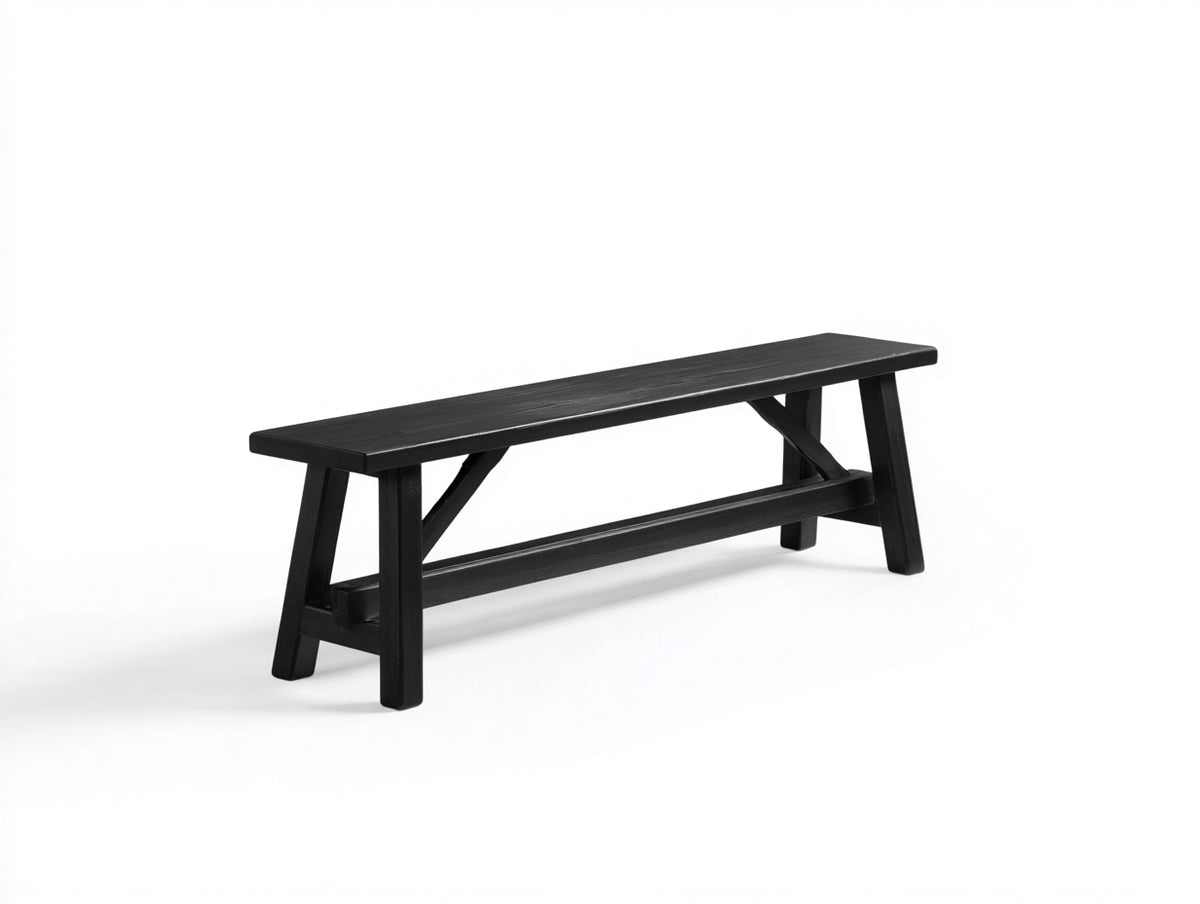 Banc 165×35×46 cm - bois noir à entretoise centrale - pieds inclinés pour salle à manger