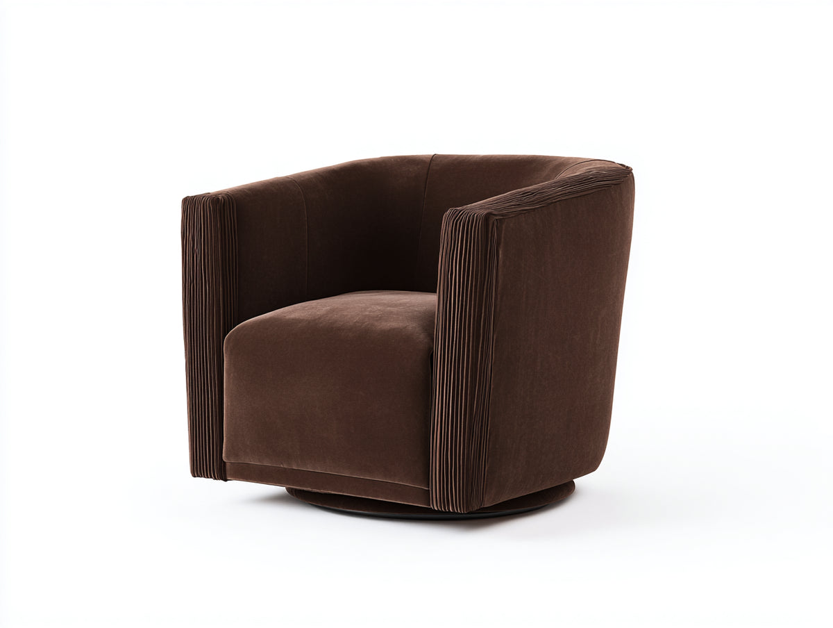 Fauteuil 84×86×78 cm - velours brun chocolat - accoudoirs plissés et base pivotante style élégant pour salon