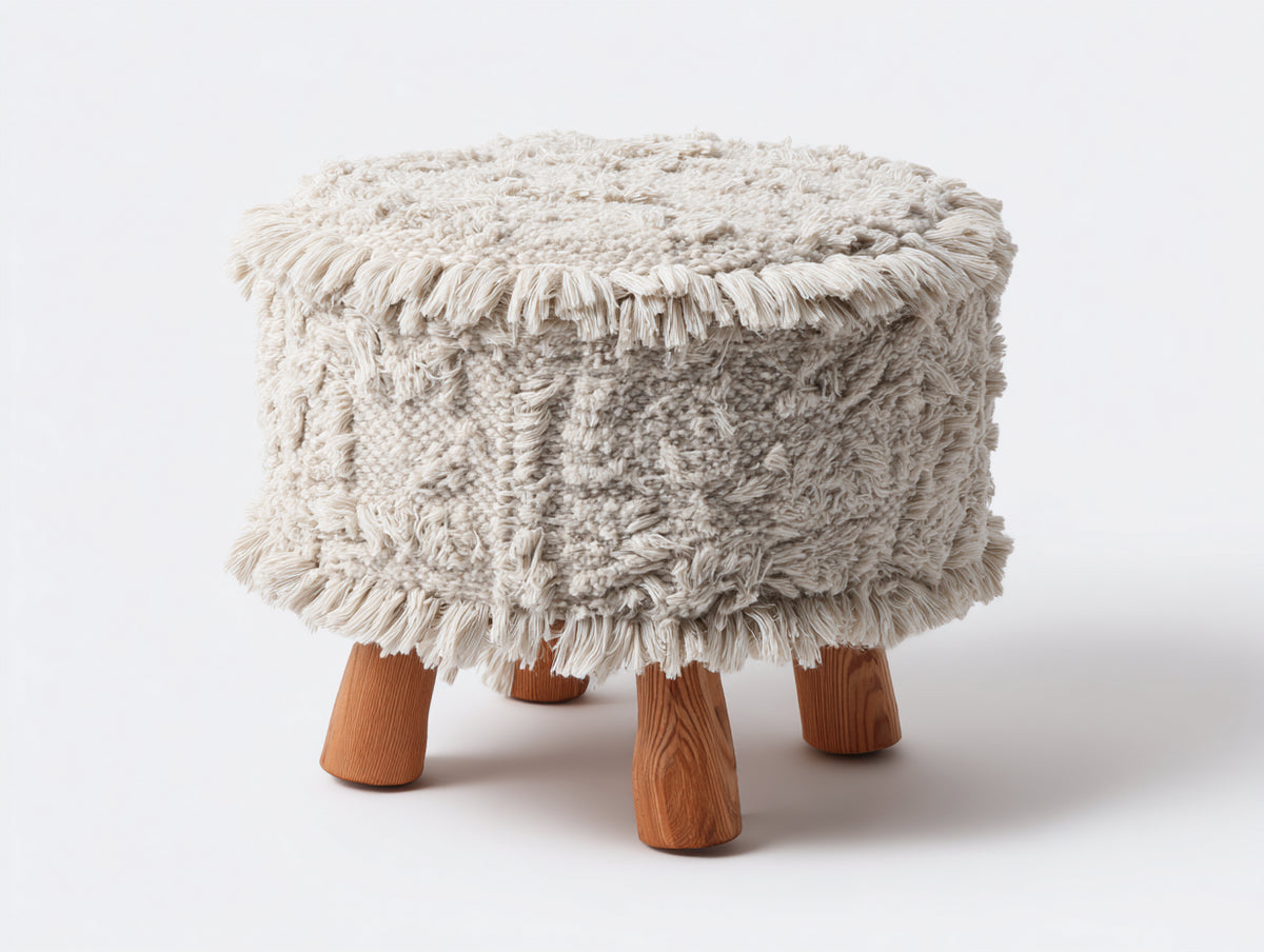 Tabouret rond 38×38×42 cm - assise écrue texturée et pieds bois naturel - style bohème pour chambre à coucher