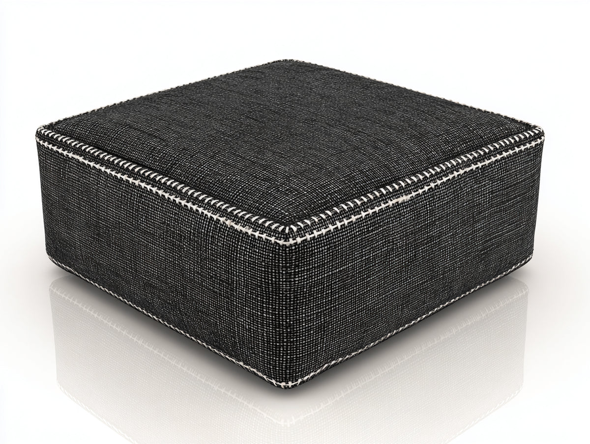 Tabouret bas 55×55×30 cm - tissu noir chiné et bordure blanche - repose-pieds carré pour chambre à coucher