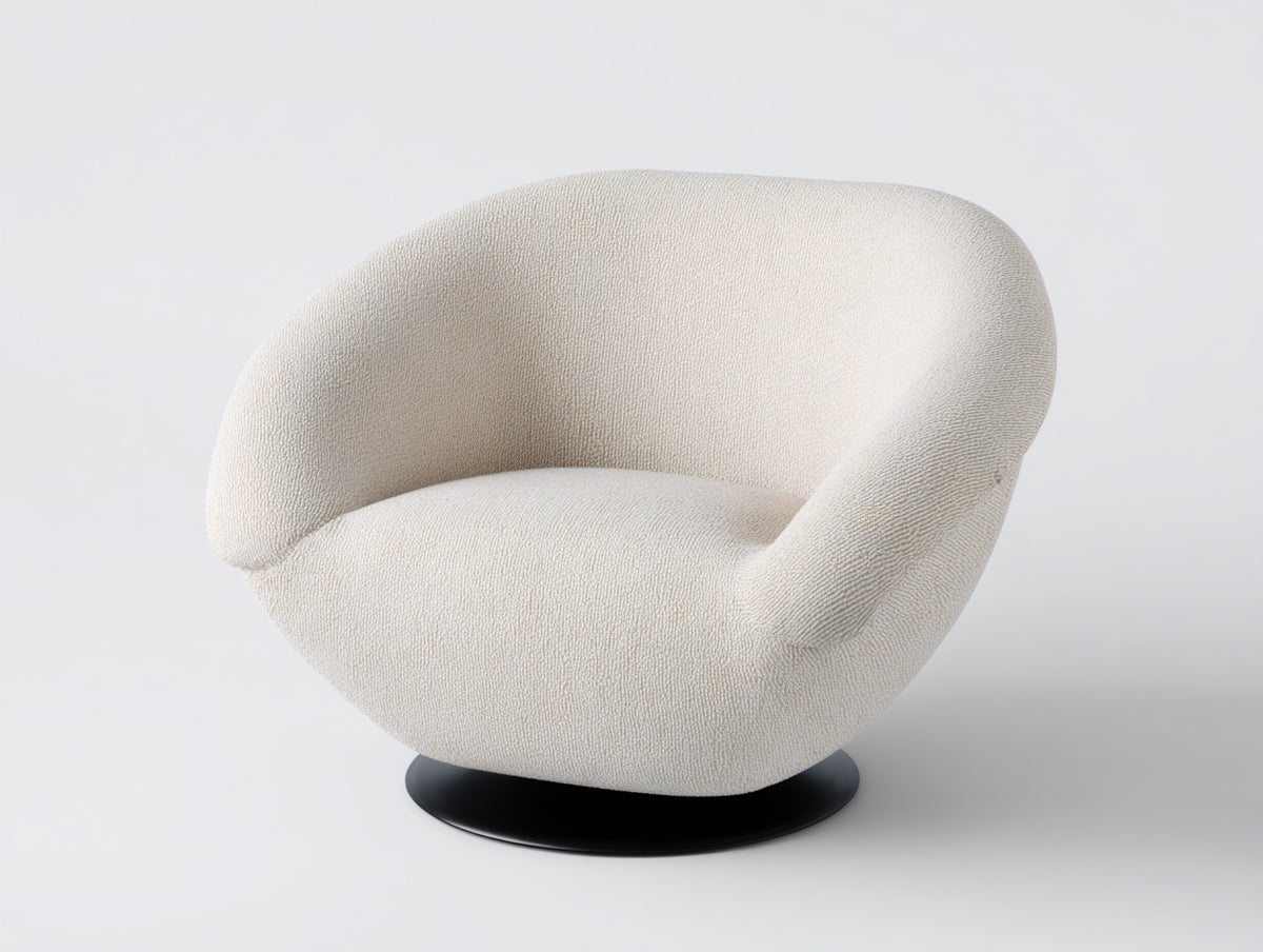 Fauteuil Salon 92x88x78 cm - tissu bouclé crème - base pivotante noire design organique