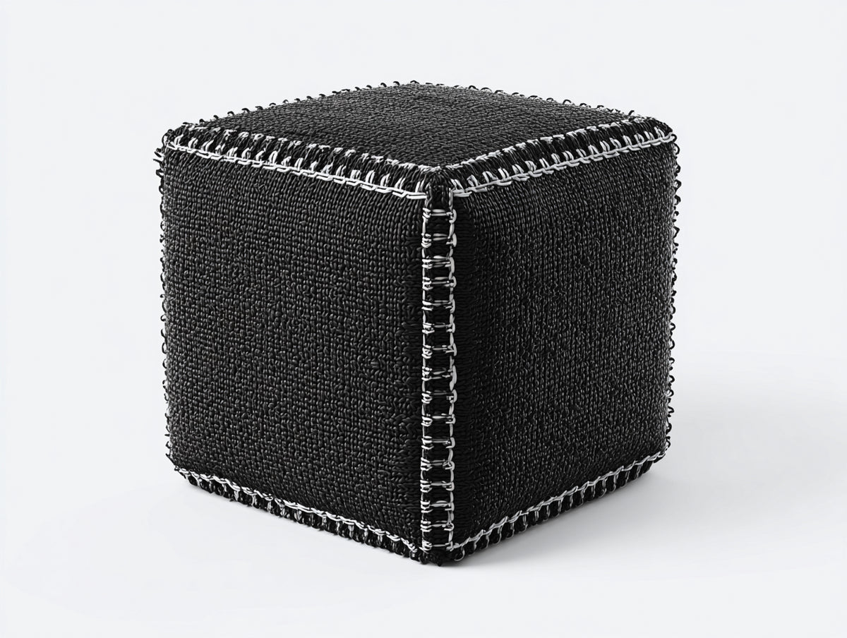 Tabouret cube 42×42×42 cm - maille noire et couture blanche - bordure renforcée pour chambre à coucher