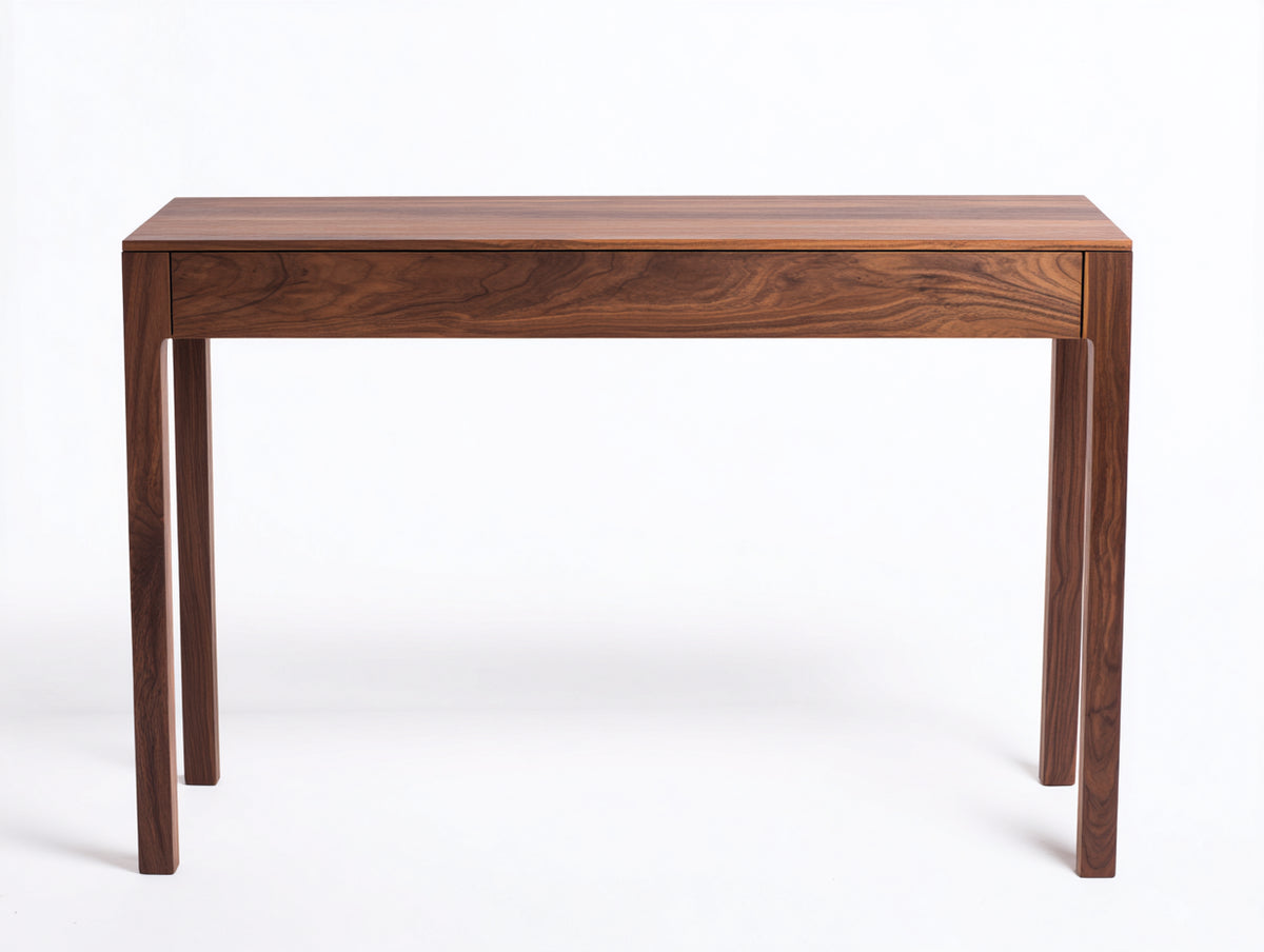 Console 130×36×85 cm - bois de noyer brun - 1 tiroir pleine largeur et pieds élancés pour chambre à coucher