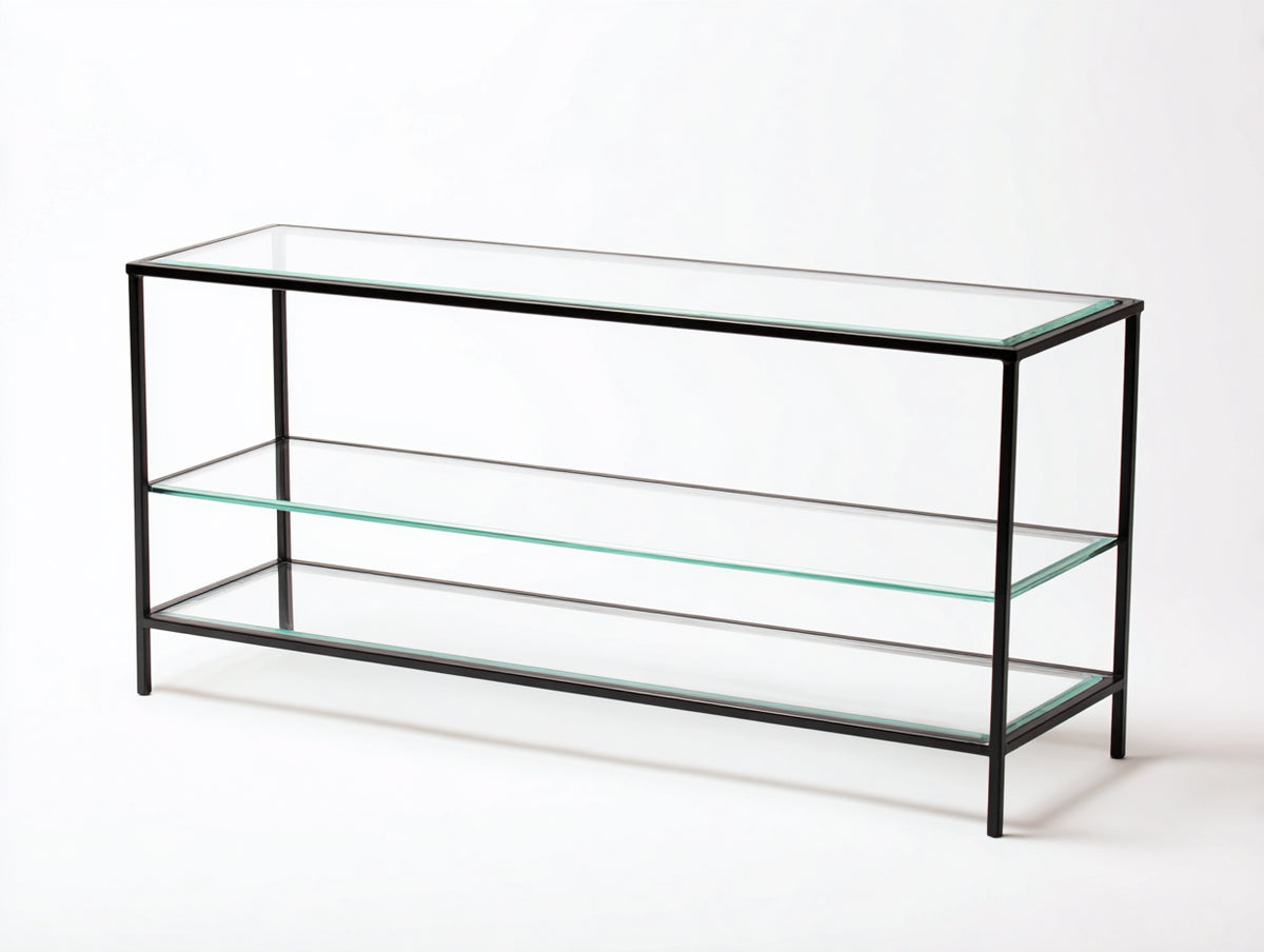 Console 115×35×72 cm - acier noir et verre clair - 3 plateaux sur pieds pour chambre à coucher