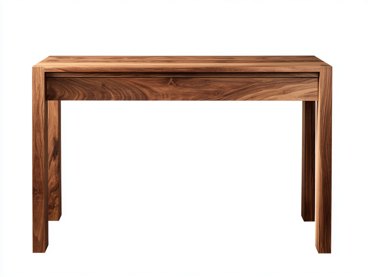 Console 120×38×82 cm - bois de noyer naturel - 1 tiroir discret et cadre épais pour chambre à coucher