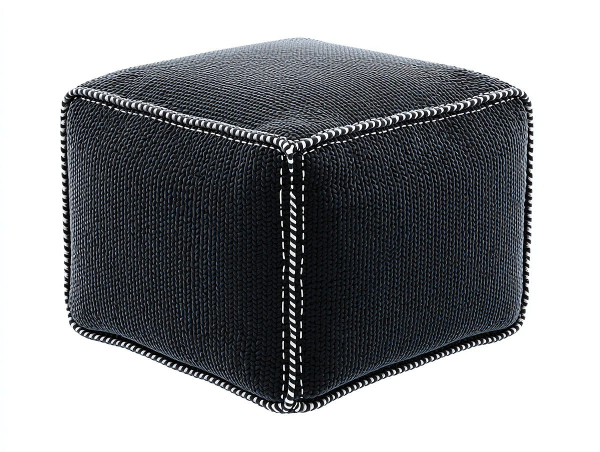 Tabouret cubique 45×45×45 cm - maille noire et passepoil blanc - assise d'appoint pour chambre à coucher
