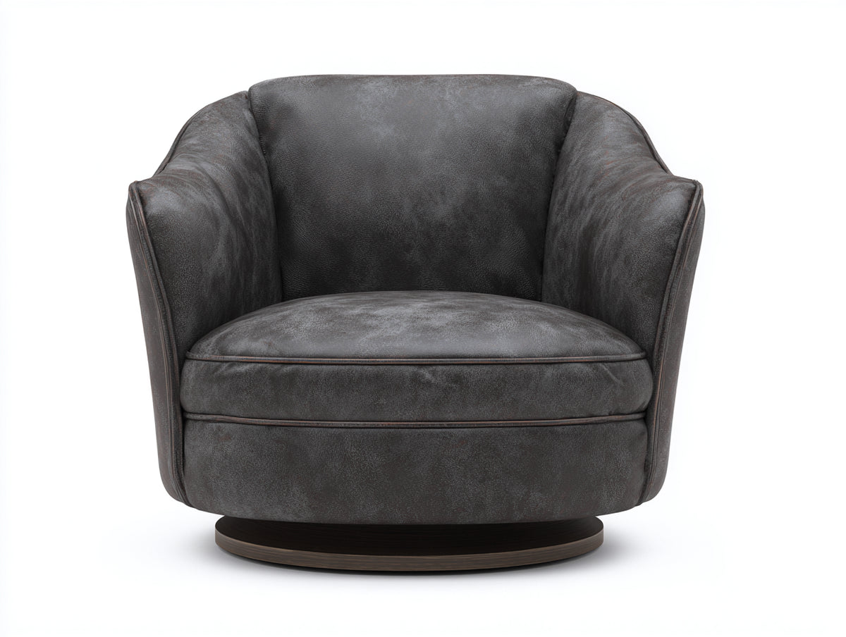 Fauteuil pivotant 92×88×78 cm - cuir gris anthracite - forme basse enveloppante et socle brun pour salon